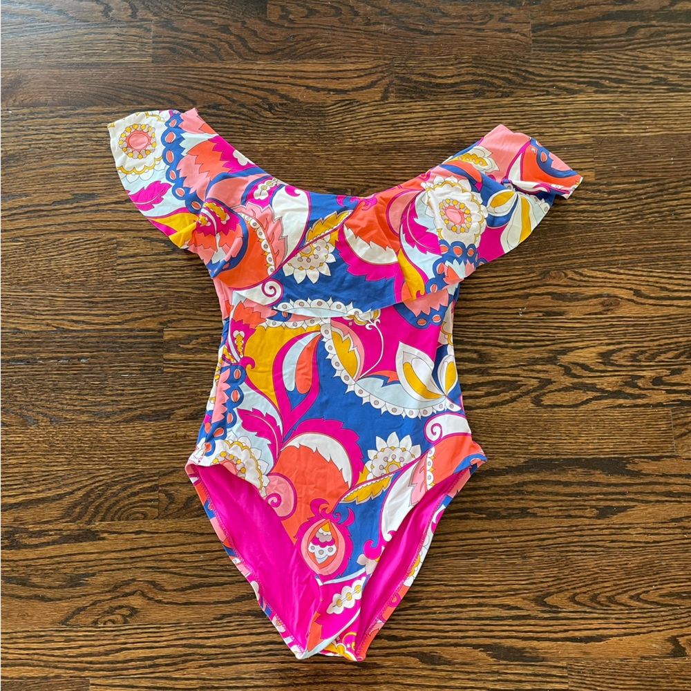 Trina Turk Sevilla One Piece Off Shoulder Ruffle Swimsuit Size 8